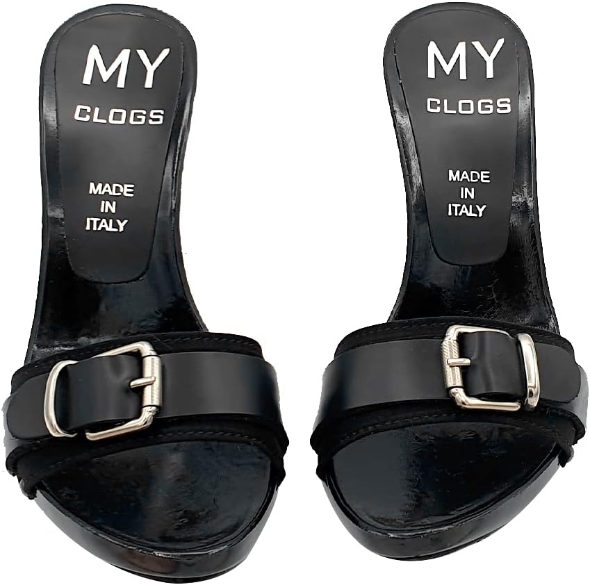 Schwarze CLOGS mit Riemen und Absatz 12 - MY7544 NERO (42 EU, SCHWARZ) 42 EU Schwarz, 42 EU Schwarz