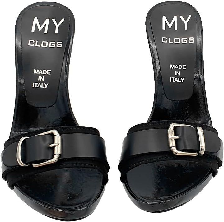 Schwarze CLOGS mit Riemen und Absatz 12 - MY7544 NERO (42 EU, SCHWARZ) 42 EU Schwarz, 42 EU Schwarz