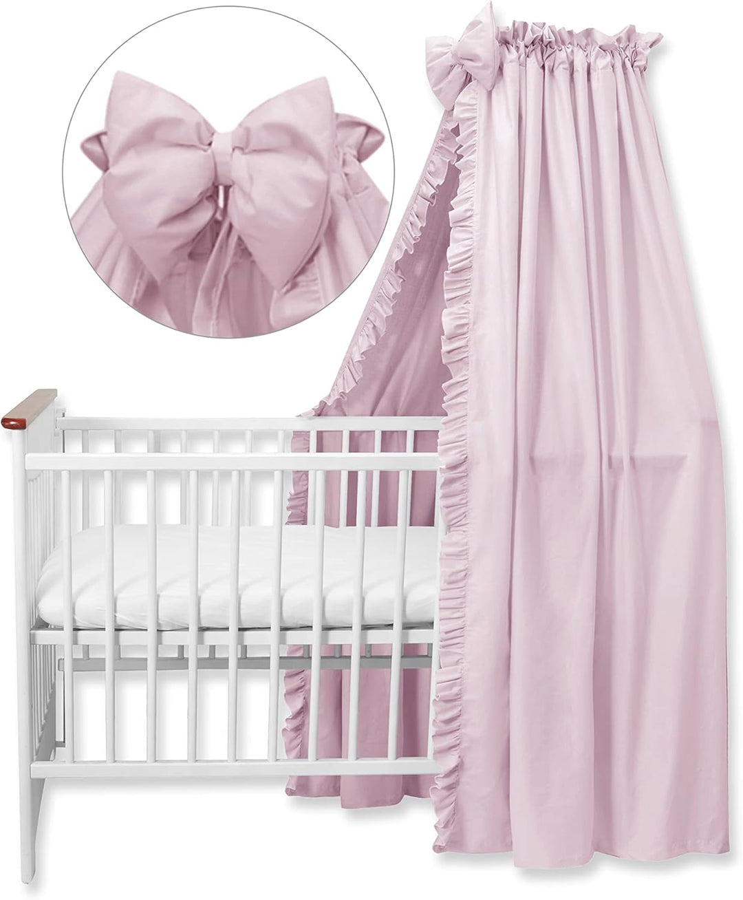 balbina Baldachin 100% Baumwolle, Deko-Set für Kinderbett, Betthimmel mit Rüsche & Schleife, Moskito