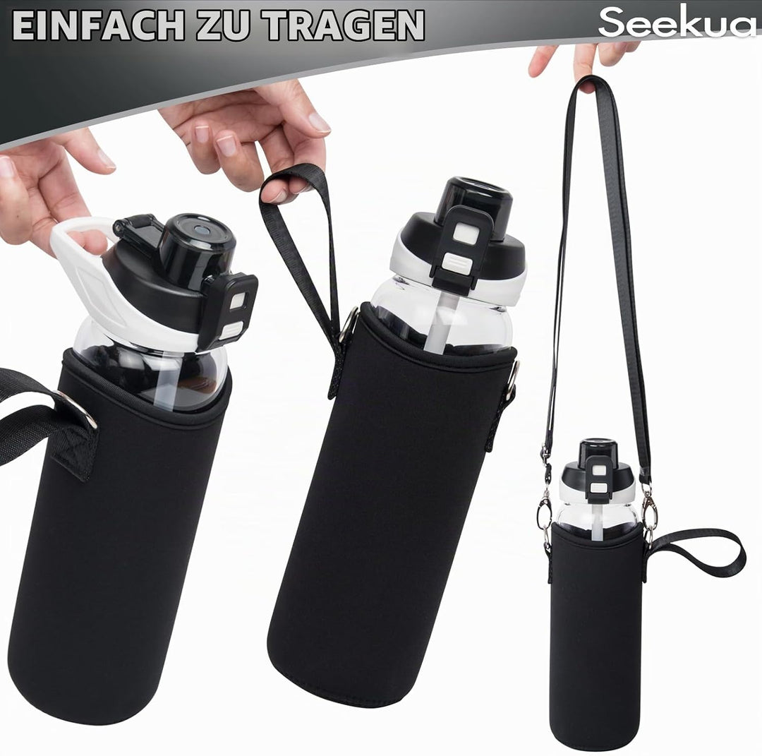Seekua 0.8l Sport Trinkflasche Glas Flasche mit Strohhalm &amp; Zeitmarkierung 800ml auslaufsicher bpa f