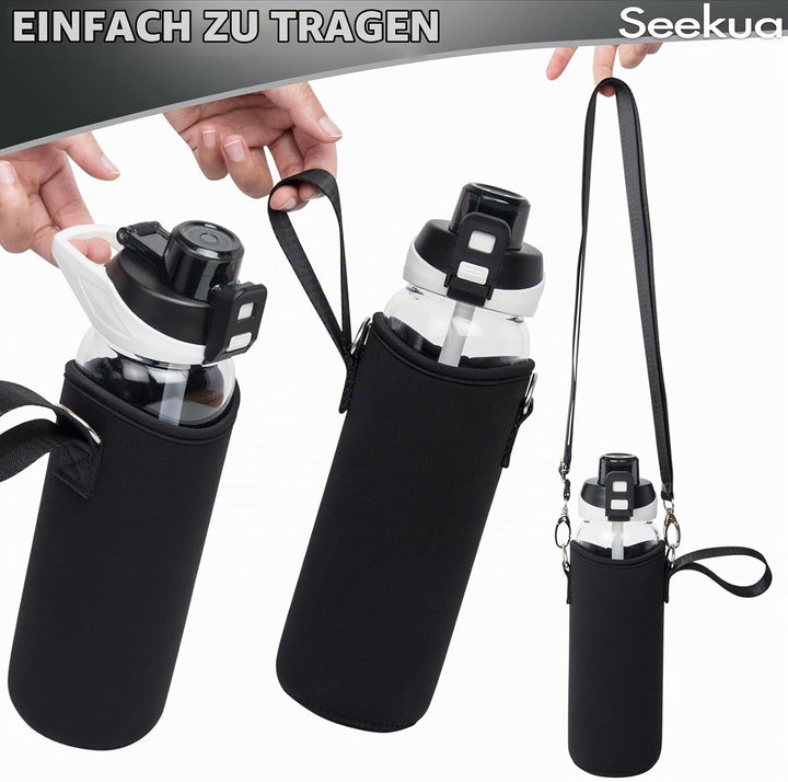 Seekua 0.8l Sport Trinkflasche Glas Flasche mit Strohhalm &amp; Zeitmarkierung 800ml auslaufsicher bpa f