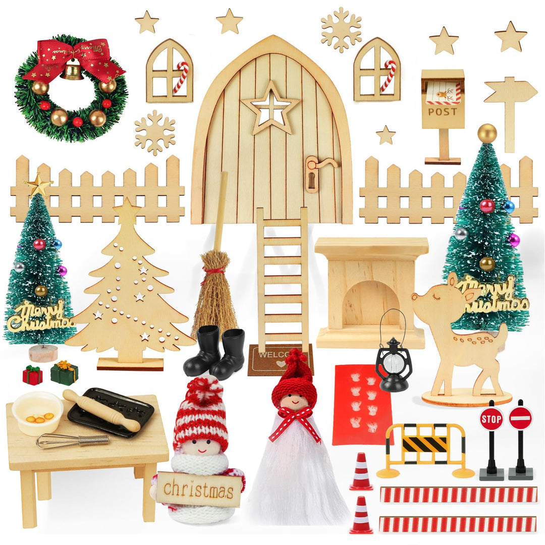 48 PCS Wichteltür Komplettset, Wichteltür Set Zubehör Weihnachten mit Baustelle, Weihnachtswichtel S