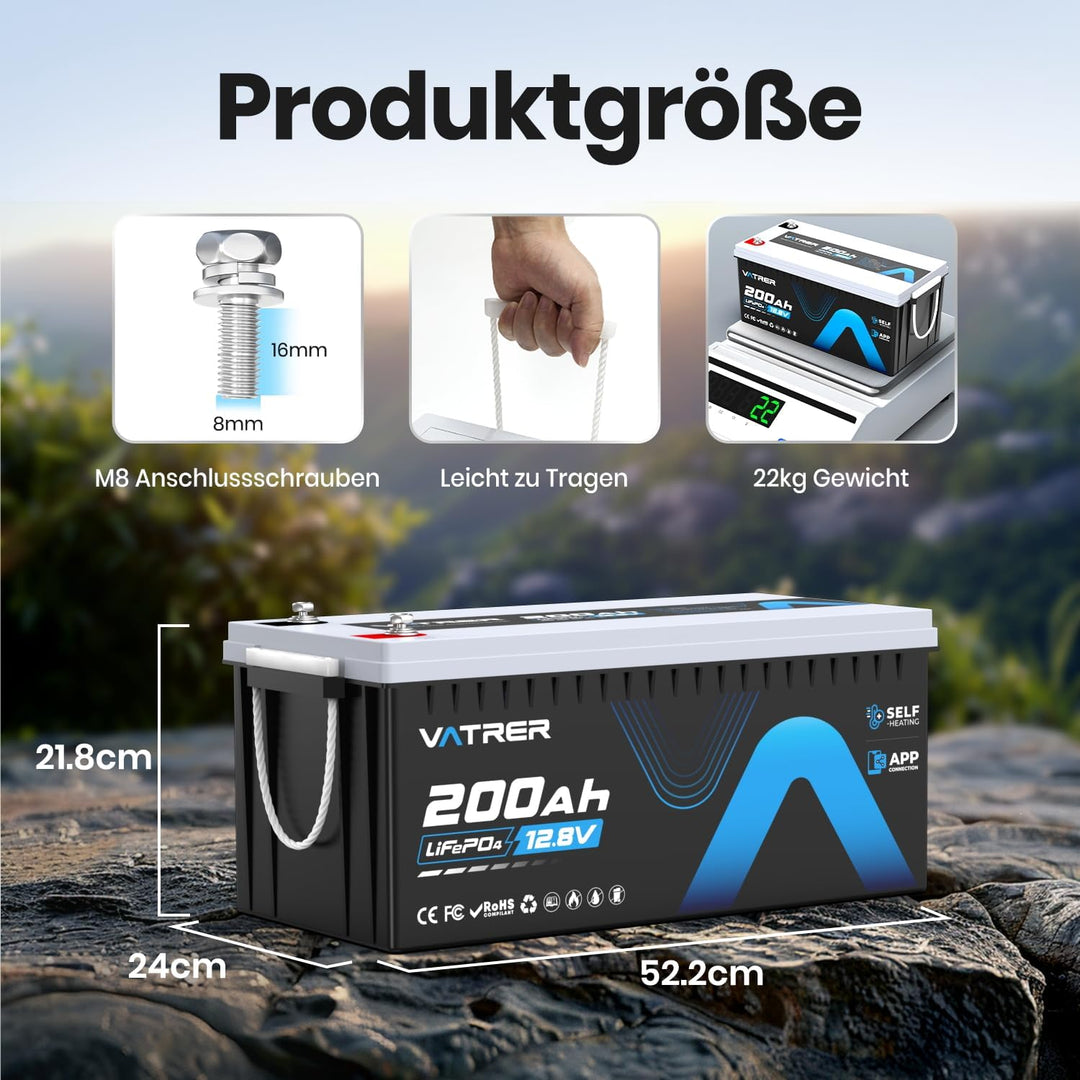 12V 200AH Selbsterwärmung LiFePO4 Lithium-Batterie mit 200A BMS über 5000 Mal Tiefzyklus -20℃ Tiefte