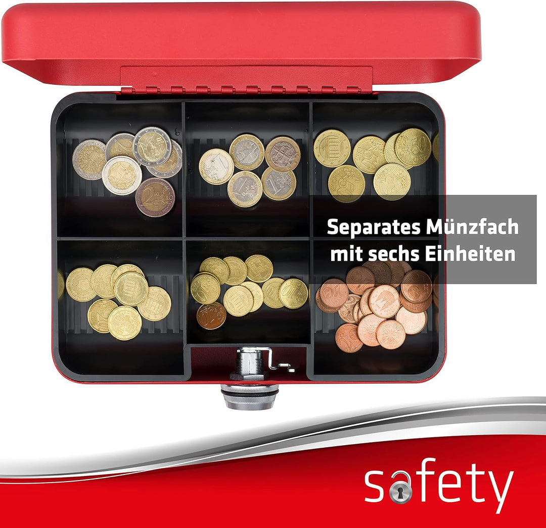 SAX Geldkassette mit Zahlenschloss, extra Starkes Schloss, 25 x 18 x 9cm, Large, Rot, 0-823-13 Large