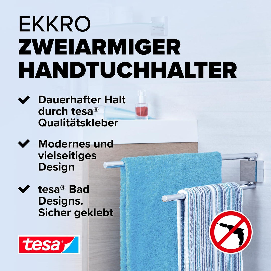 tesa EKKRO Bad Handtuchhalter, 2-armig und schwenkbar, verchromt - zur Wandbefestigung ohne Bohren,