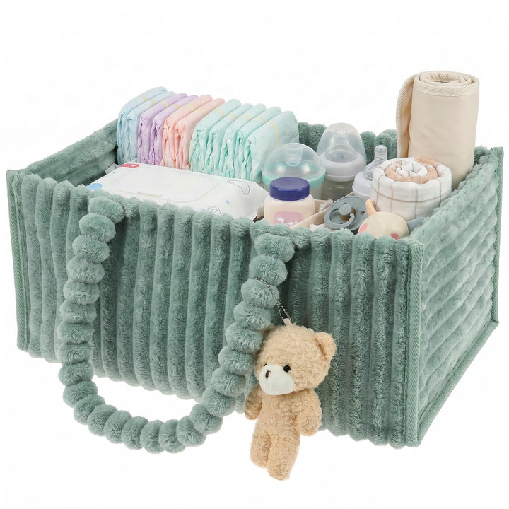Windel Caddy Organizer aus Plüsch Baby Aufbewahrungsbox mit Bären Anhänger Grün, Grün