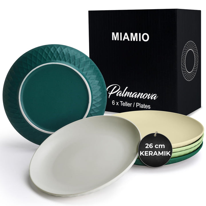 MIAMIO - 6er Geschirrset/Teller Set modern aus Keramik für 6 Personen - Palmanova Kollektion (Grün,