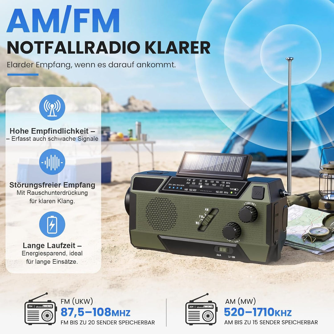 Kurbelradio Notfallradio 4000mAh (14800 mWh) Akku, Powerbank mit 3 integrierten Kabeln, Radio mit Ku