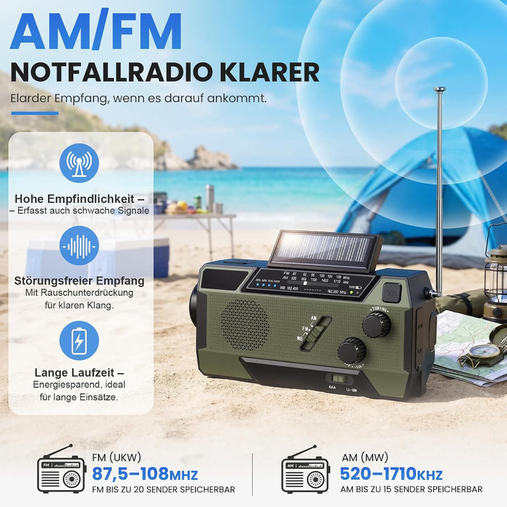 Kurbelradio Notfallradio 4000mAh (14800 mWh) Akku, Powerbank mit 3 integrierten Kabeln, Radio mit Ku