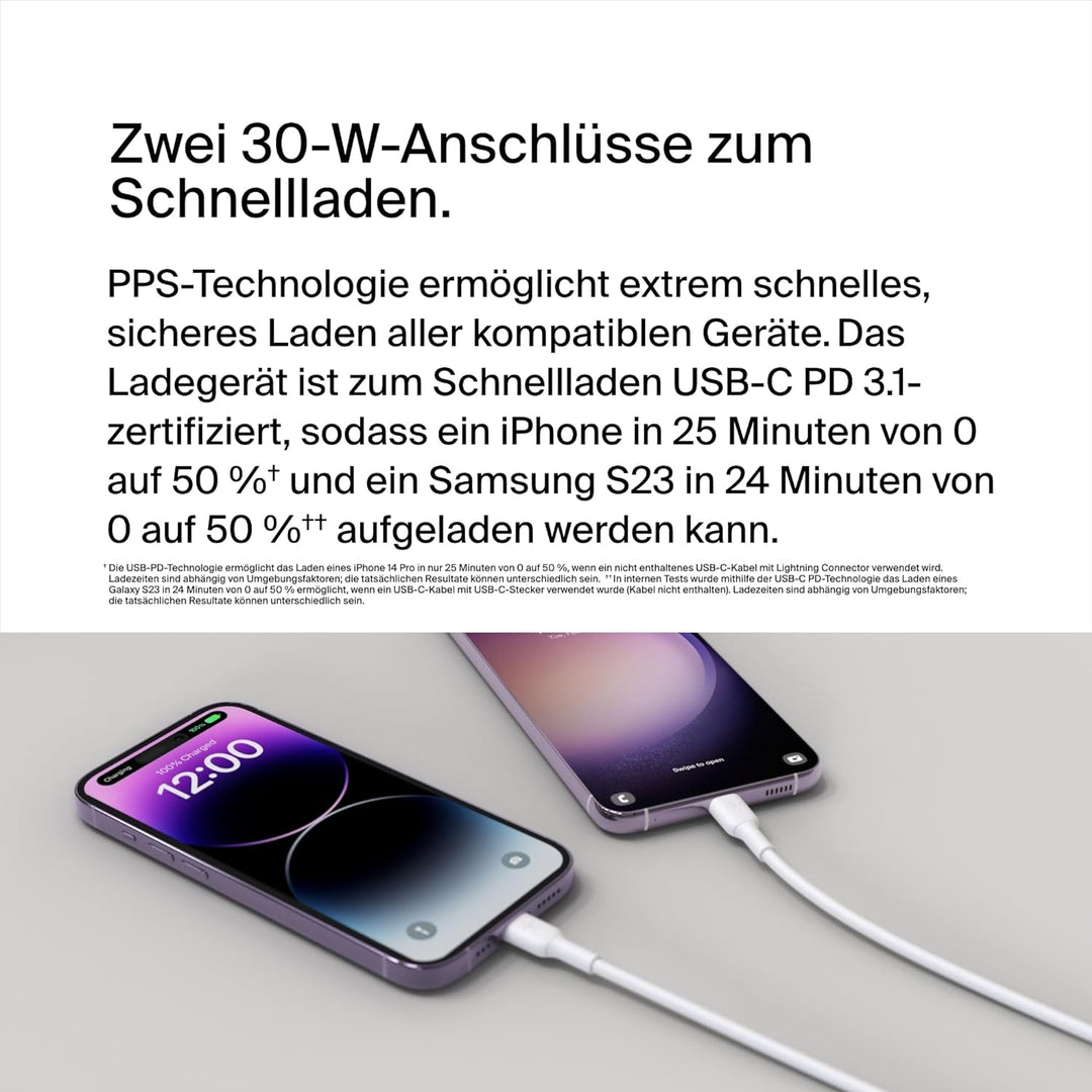 Belkin BoostCharge USB-C PD-Ladegerät mit 2 Anschlüssen und PPS, 60 Wfür Apple iPhone, iPad, Samsung