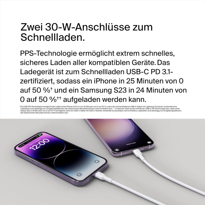 Belkin BoostCharge USB-C PD-Ladegerät mit 2 Anschlüssen und PPS, 60 Wfür Apple iPhone, iPad, Samsung