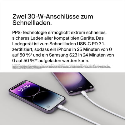 Belkin BoostCharge USB-C PD-Ladegerät mit 2 Anschlüssen und PPS, 60 Wfür Apple iPhone, iPad, Samsung