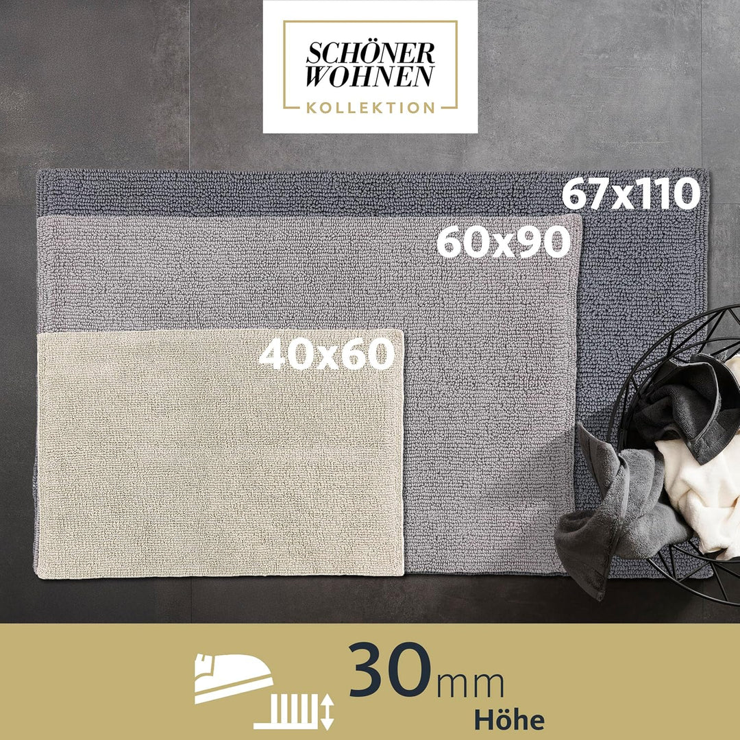 Schöner Wohnen Kollektion Badteppich 60 x 90 cm – beidseitig verwendbar – waschbar – 100% Baumwolle