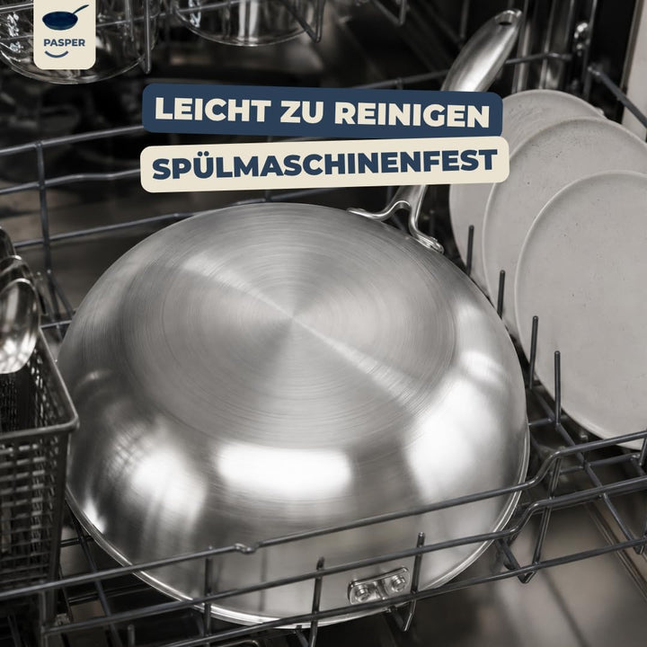 Wokpfanne Ø 28 cm – PFAS-frei – Induktion, Elektro, Keramik, Gas &amp; Backofen – Edelstahlpfanne mit kr