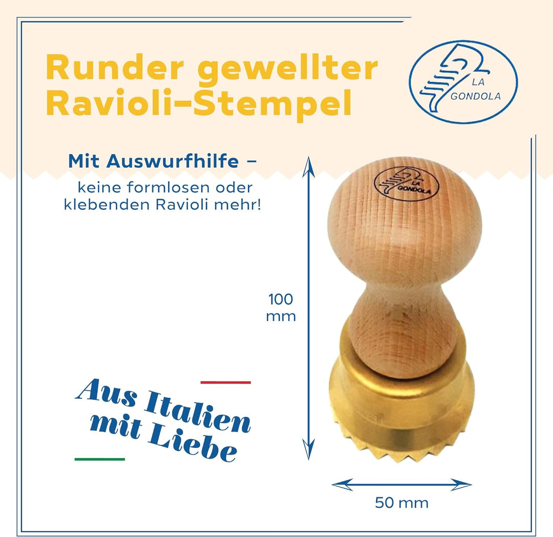 LaGondola Professionelle Runde Ravioli Stempel, aus Messing mit Holzgriff - 50 mm Durchmesser - Form