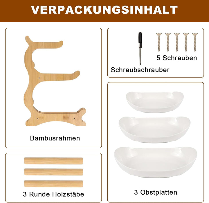 Keramik Obst Etagere mit 3 Etagen, Obstschale Modern Weiss mit Natürliche Bambus Steher, Platzsparen