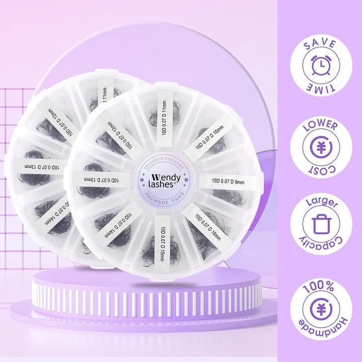 WENDY LASHES Premade Volume Fans 10D D-Curl 0,07mm 13-20mm 500 Stück | fertige russische Volumen Fäc