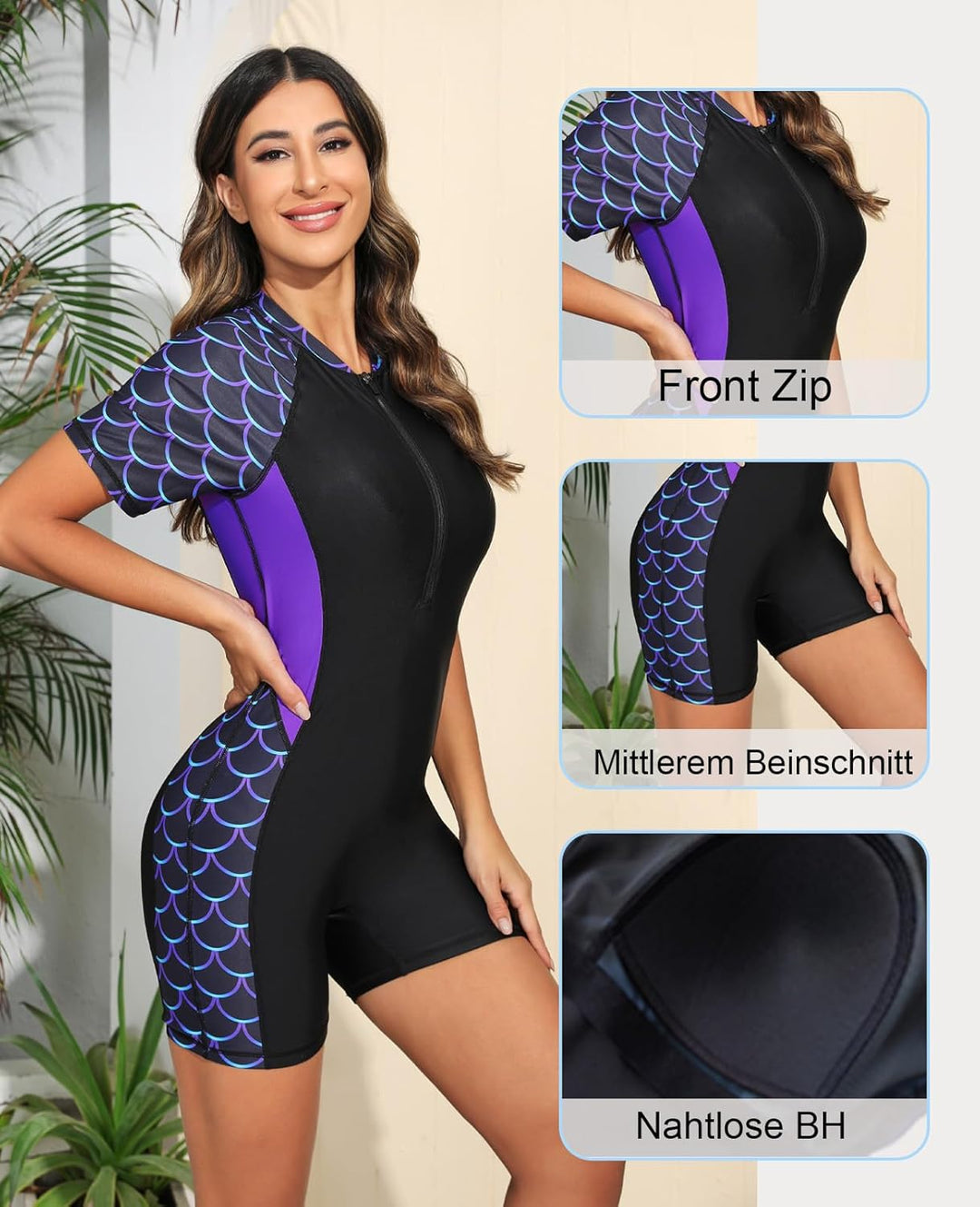 Halcurt Damen Langarm Badeanzug mit BH Rash Guard UPF 50+ Reissverschluss Schwimmshirt Surf UV Shirt