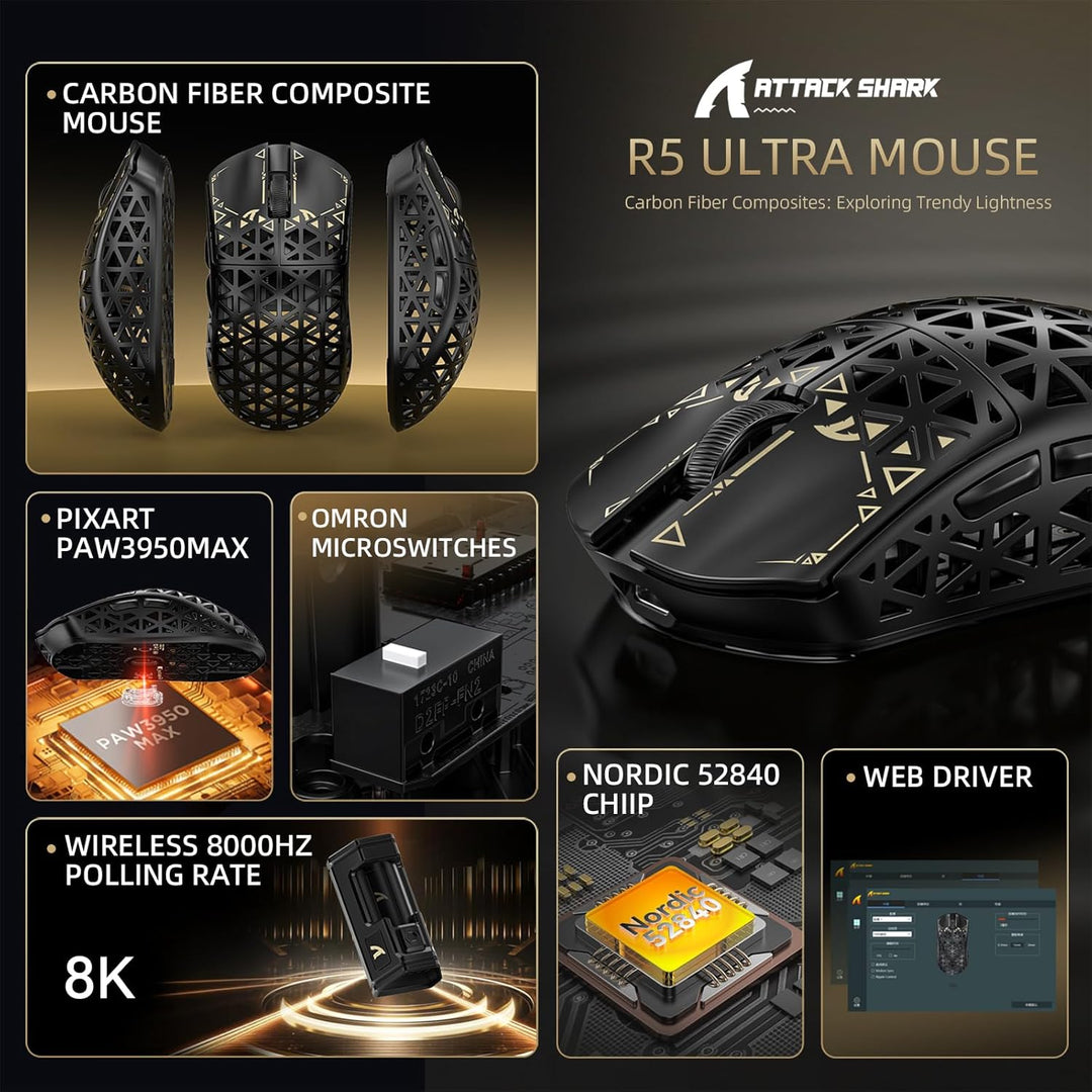 ATTACK SHARK R5 Ultra Carbonfaser Gaming-Maus, 39g Superlight, 8000Hz Kabellose Mouse, 42000 DPI, PA