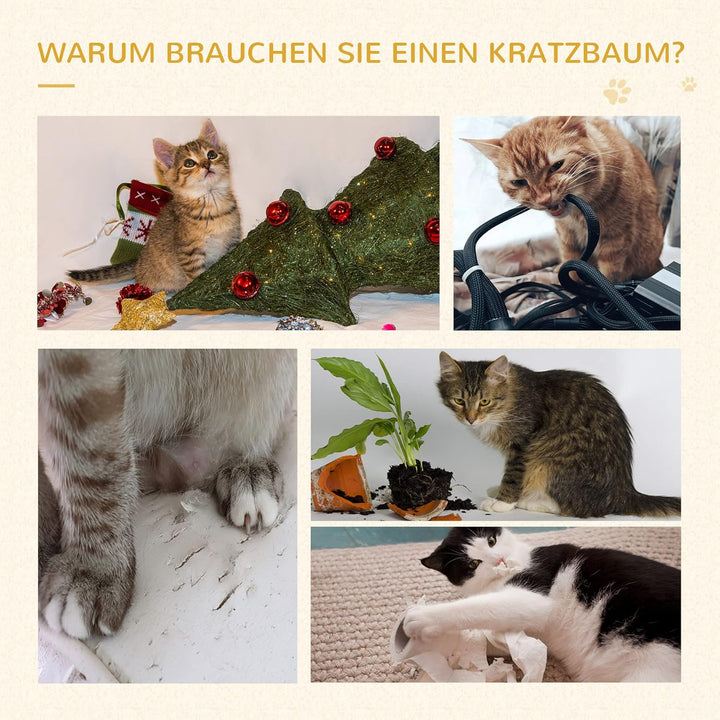 PawHut Kratzbaum 100 cm mit Sisalstämme für kleine Katzen Beige+Grau | Grosse Plattform, Mehrstöckig
