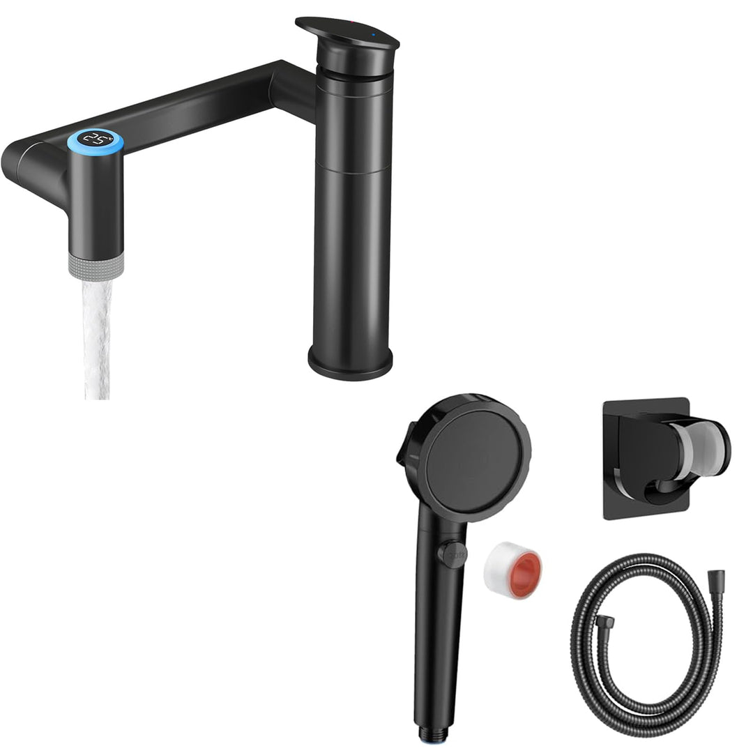 KAIYING 1080° Drehbare Waschtischarmatur mit Temperaturanzeige (Batterielos) (Schwarz) & KAIYING Was