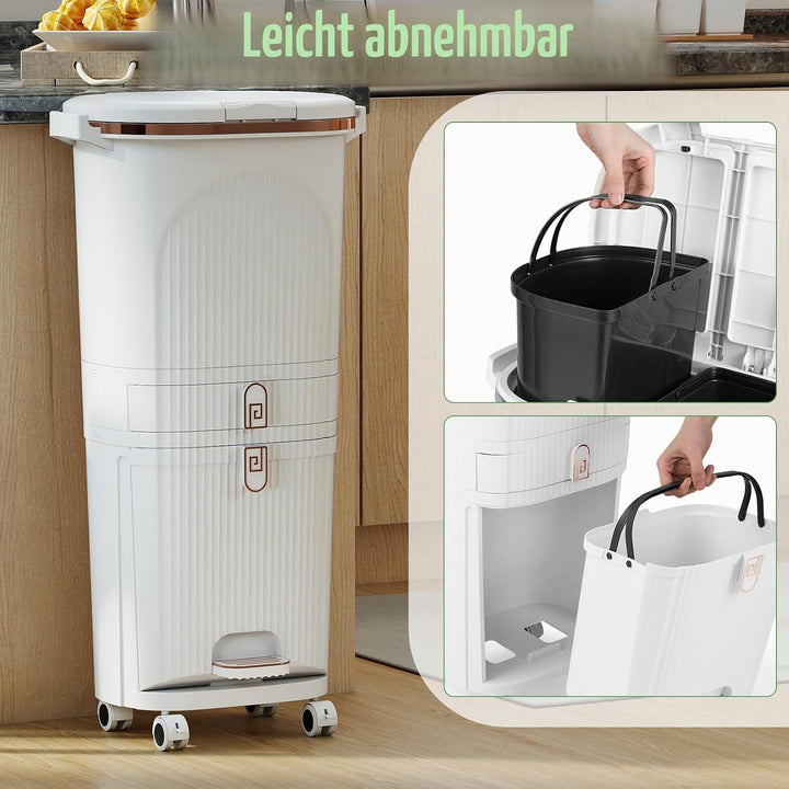 LIFEZEAL 38L / 42L Mülleimer auf Rädern, Abfalleimer mit 3 Fächern & Deckel, Tretmülleimer mit Griff