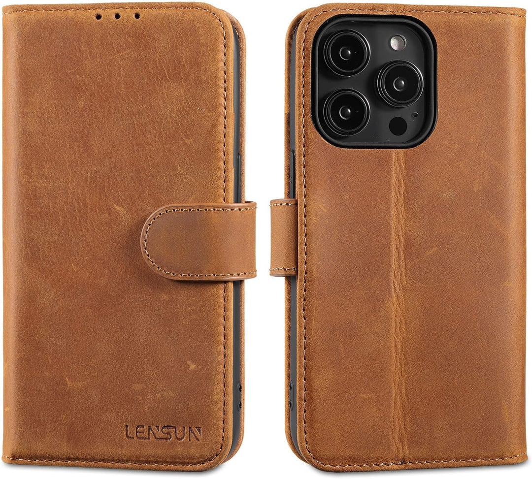 LENSUN Echtleder Hülle für iPhone 14 Pro, Handyhülle [Echtes Leder][Magnetverschluss][RFID Schutz] H