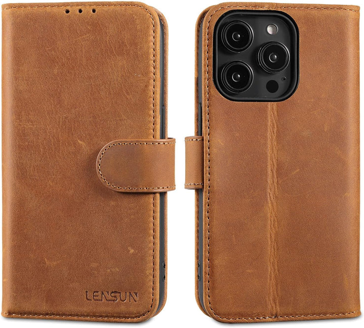LENSUN Echtleder Hülle für iPhone 14 Pro, Handyhülle [Echtes Leder][Magnetverschluss][RFID Schutz] H
