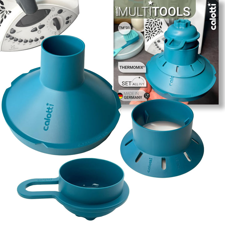 Multitools für Thermomix TM31 - Trichter, Mixraumverkleinerer, Dampfkamin, Spritzschutz, Teigblume,