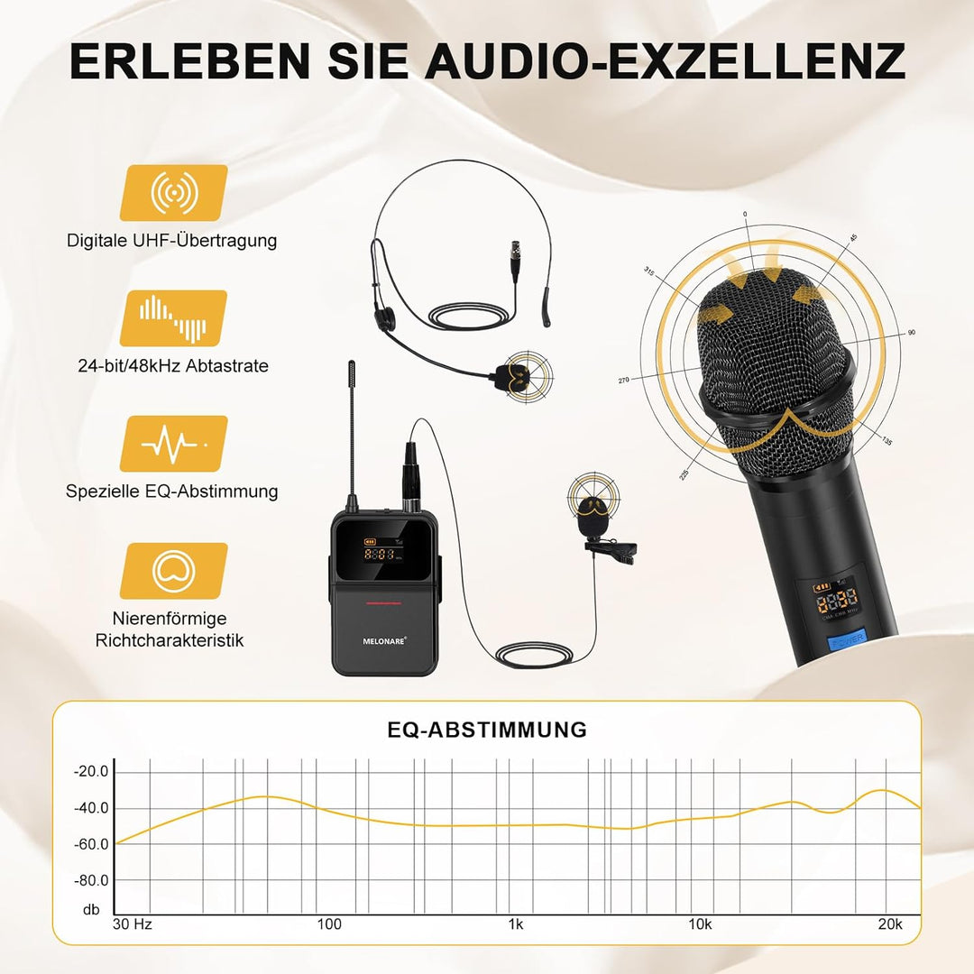 Kabelloses UHF-Mikrofonsystem mit 4 x 10 Frequenzen, 200 Fuss, 2 dynamischen Handmikrofonen, 2 Bodyp