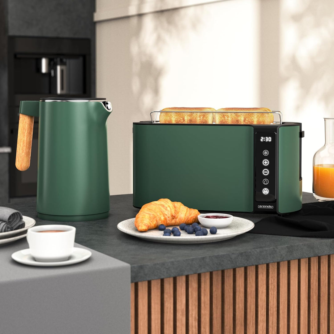 Arendo - Küchen Set - Edelstahl Wasserkocher mit Temperatureinstellung - Edelstahl Toaster Langschli