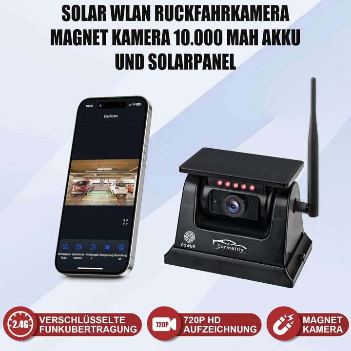 Magnet Rückfahrkamera mit Funk WLAN Solar – Kabellose Einparkhilfe mit KI-Personenerkennung, App-Übe