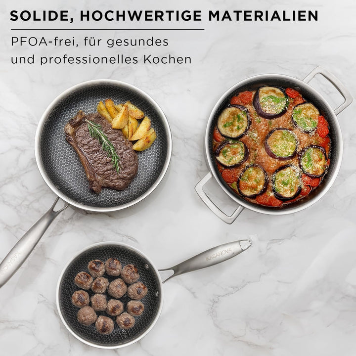 KASANOVA Tri-ply Kochgeschirr-Set 7-teilig, dreilagiger Edelstahl, für Induktion und alle Herdarten