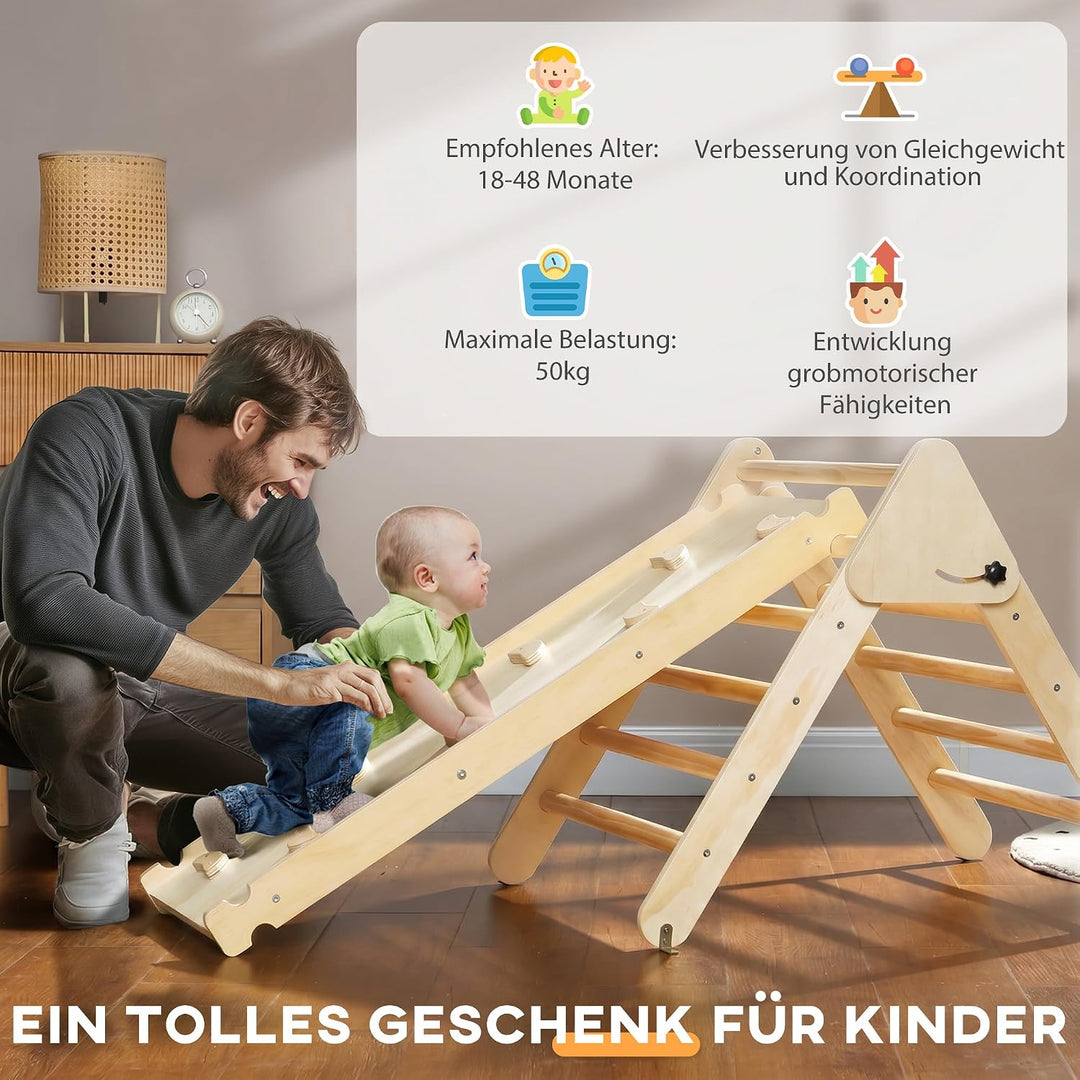 AIYAPLAY 2-in-1 Montessori Klettergerüst aus Naturholz Indoor Kletterdreieck mit Rutsche Indoor Spie