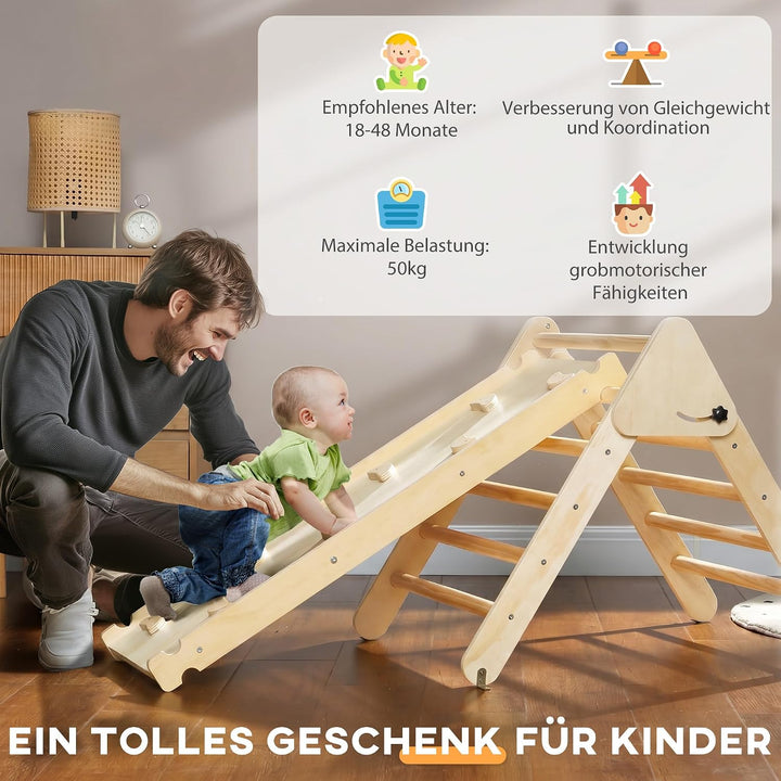 AIYAPLAY 2-in-1 Montessori Klettergerüst aus Naturholz Indoor Kletterdreieck mit Rutsche Indoor Spie