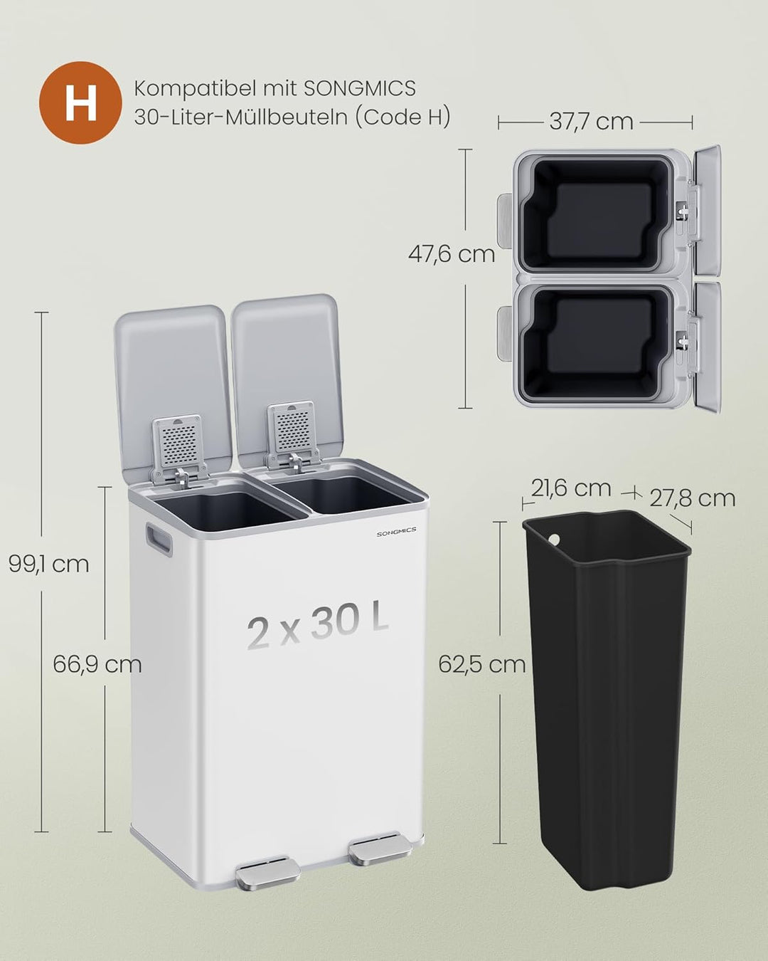 SONGMICS Mülleimer Küche, 2 x 30 Liter, 2 Fächer, Abfalleimer, Tretmülleimer, Küchenmülleimer mit So
