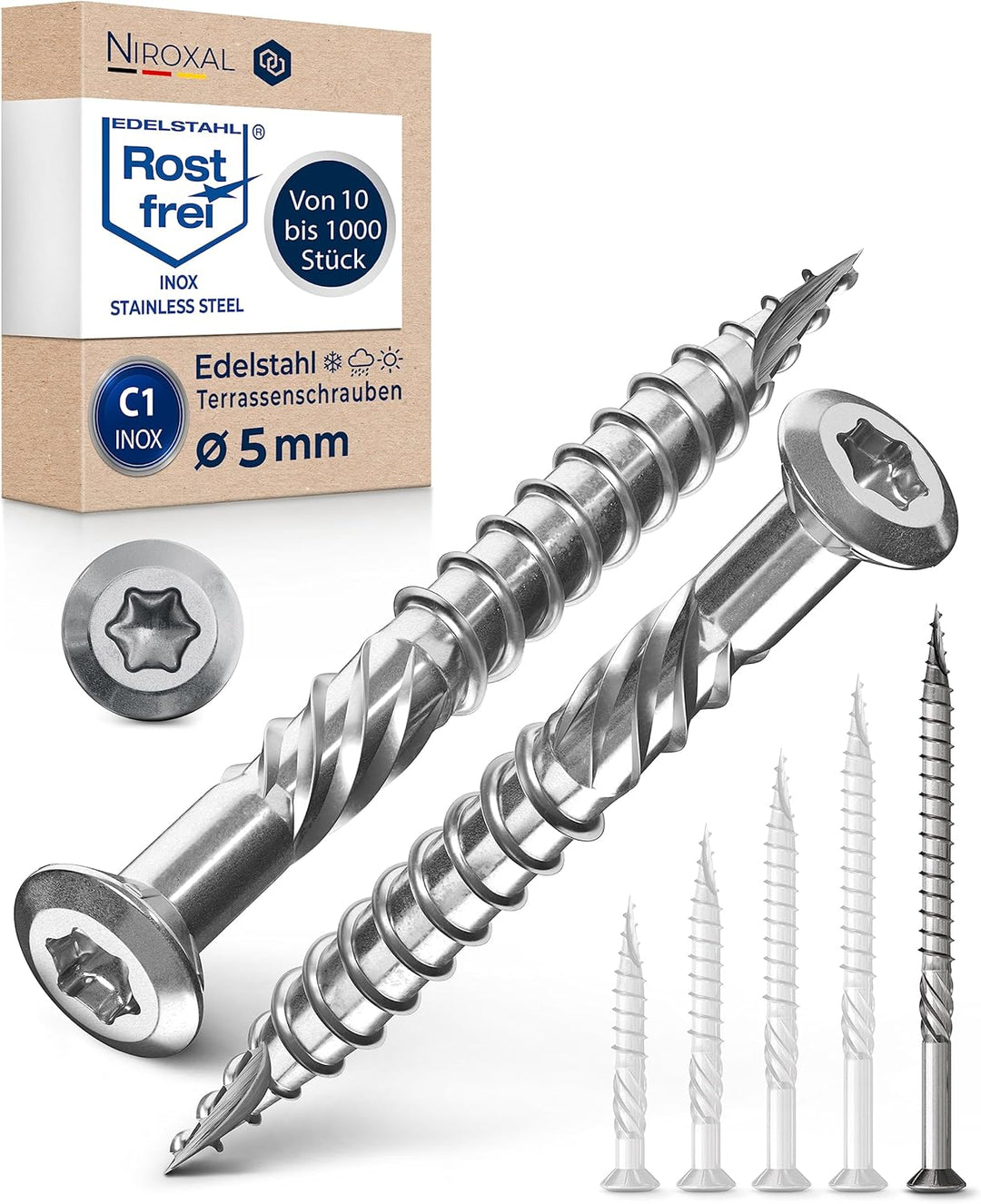 200 Stück Terrassenschrauben 5 x 80 mm lang | PERFEKT für 35 mm Terrassendielen | rostfreier gehärte