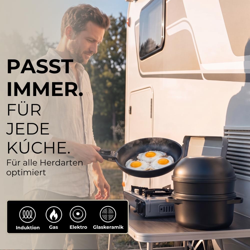 Pro Topf und Pfannenset 12-teilig Induktion, Abnehmbarer Griff, Stapelbar, Platzsparend, Backofenfes