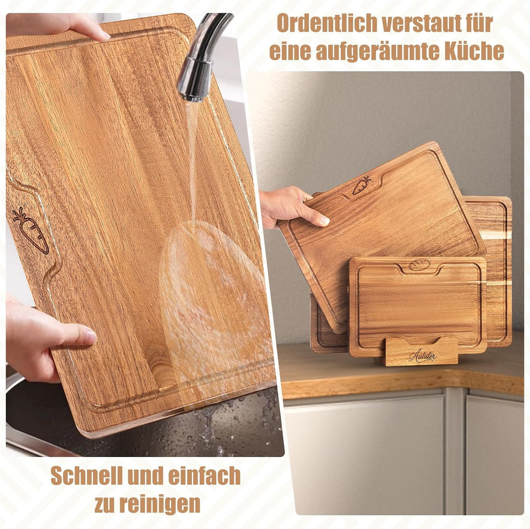 Akazienholz Schneidebrett Set 3-teilig mit Saftrille &amp; Griffmulde | Massives Holzbrett für Fleisch,