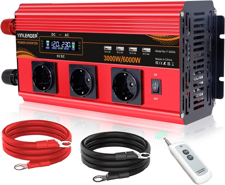 Wechselrichter 12V 230V 3000W /6000W Wechselrichter Fernbedienung 4X USB und LCD 3 AC Steckdosen Mod