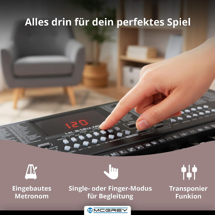 McGrey LK-6120-MIC Keyboard Set - Einsteiger-Keyboard mit 61 Leuchttasten - 255 Sounds und 255 Rhyth