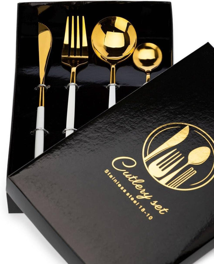"HowHomely Goldenes Besteck Set 4 Elemente - Besteckset Gold - Essbesteck Gabeln, Messer und 2x Löff