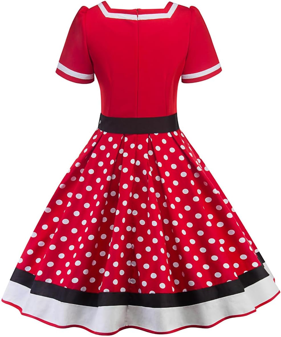 AXOE Damen Gepunktet Rockabilly Vintage Kleid mit Gürtel Partykleid XS Rot