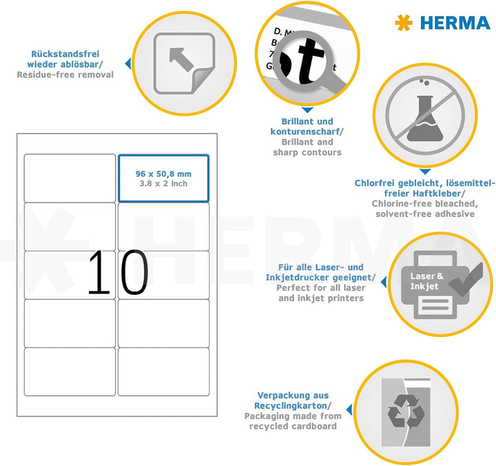 HERMA 10307 Universal Etiketten ablösbar, 100 Blatt, 96 x 50,8 mm, 10 Stück pro A4 Bogen, 1000 Aufkl