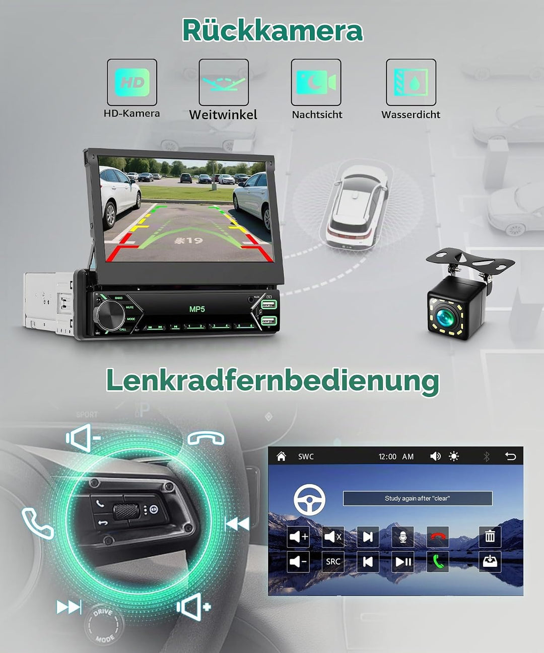 1 DIN Wireless Carplay Autoradio mit 7-Zoll manuell versenkbarem Touchscreen, Single Din Bluetooth R