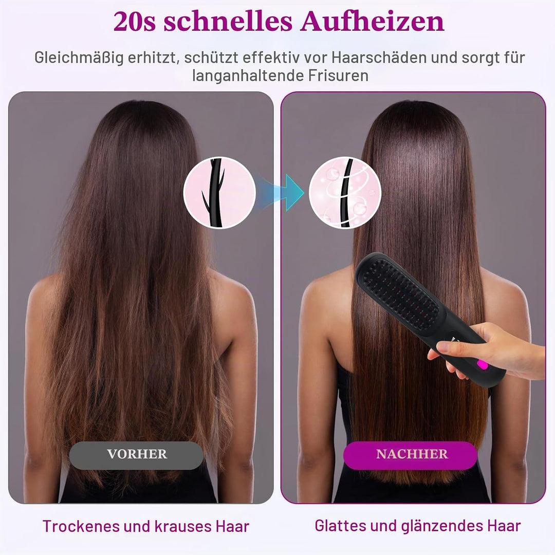 Glättbürste Kabellos, Haarglätter Bürste, Mini Glätteisen Tragbare Glättungsbürste Wiederaufladbare