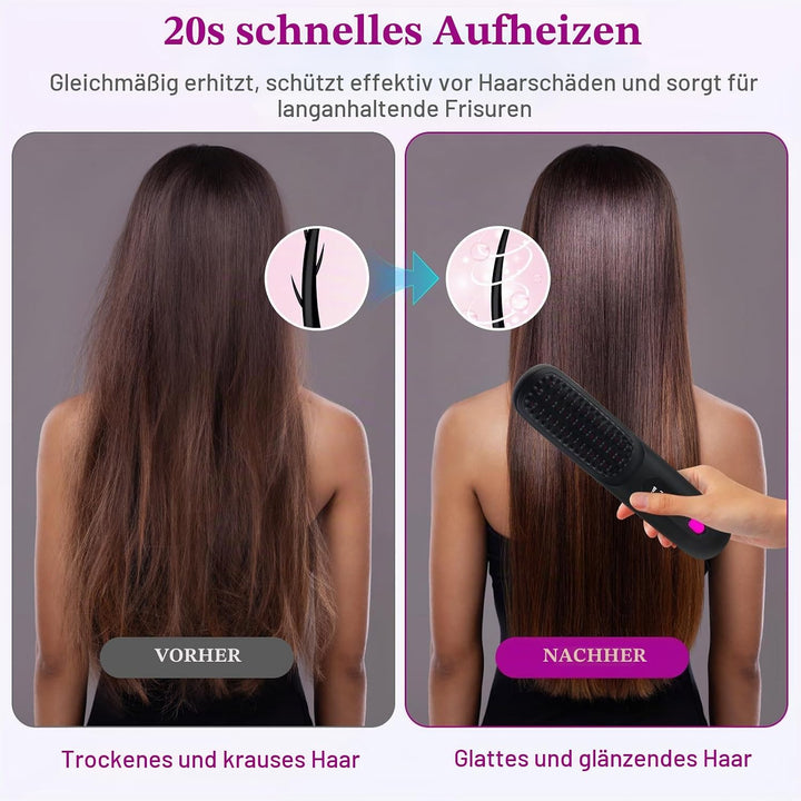 Glättbürste Kabellos, Haarglätter Bürste, Mini Glätteisen Tragbare Glättungsbürste Wiederaufladbare