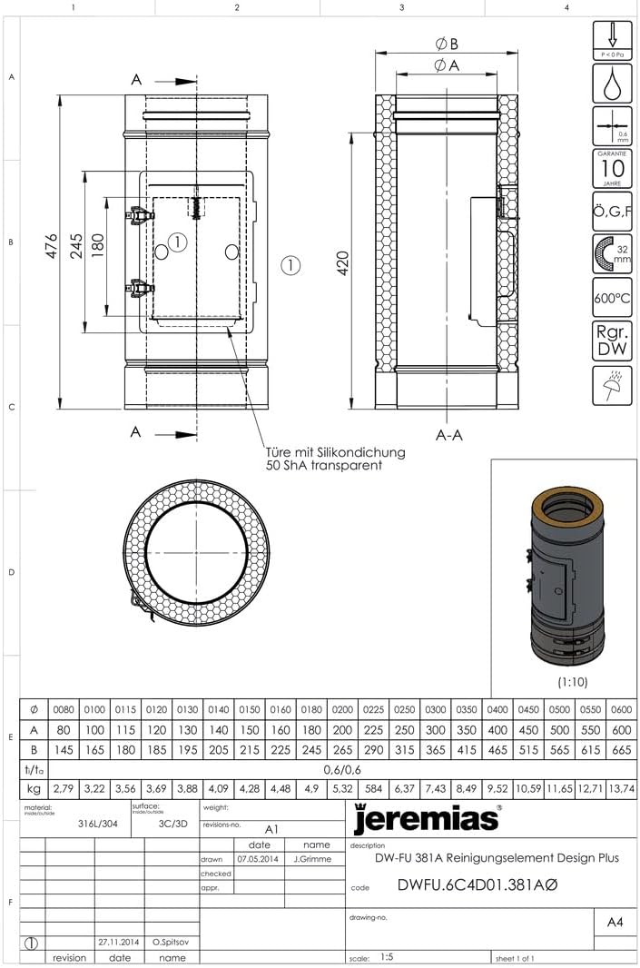Jeremias DW-FU Revisionselement Design Plus Ø 450 mm Edelstahl Doppelwand Abgassystem Aussenbereich