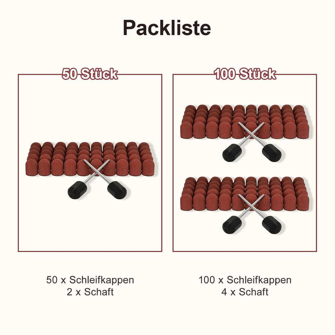 120# Körnung Schleifkappen Set für Nagelbohrer, 50 Stück Maniküre Schleifbänder mit Schaft, Langlebi