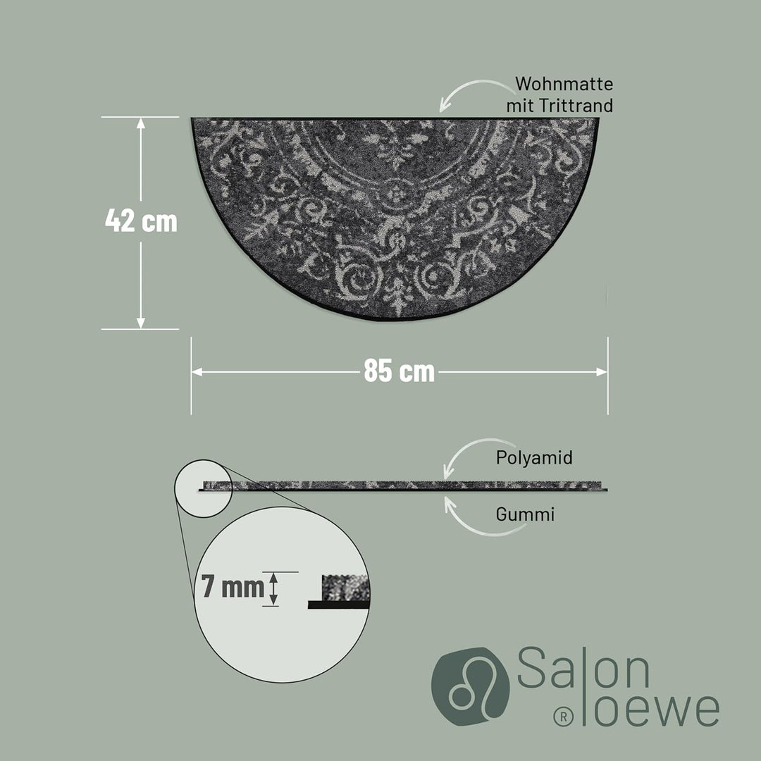 Salonloewe Amira Grey Fussmatte waschbar H42 x 085 cm Fussabtreter Schmutzfangmatte halbrund grau